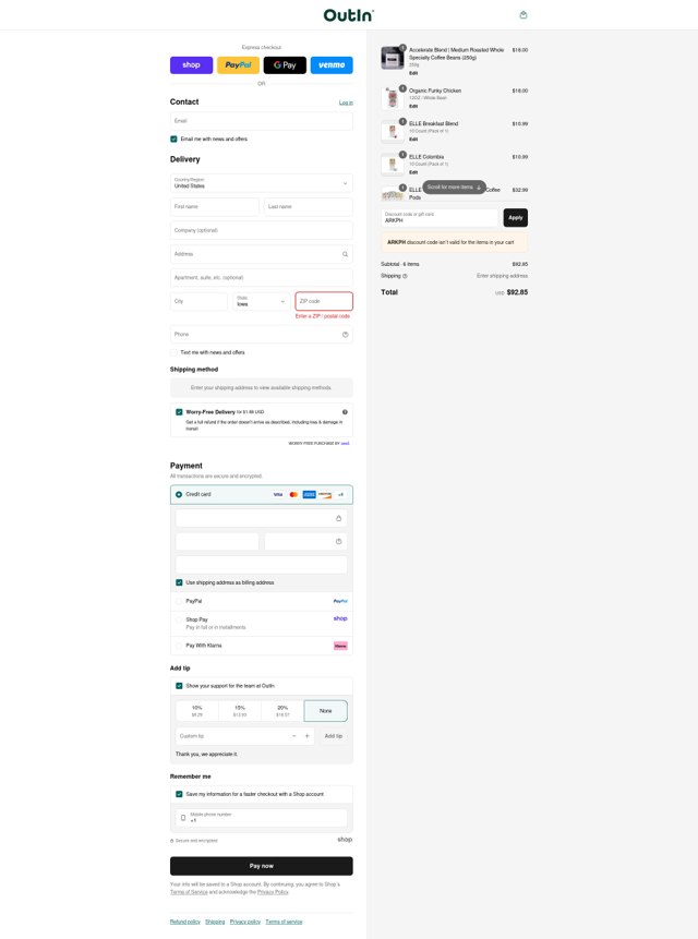 Outin checkout page showing Outin discount code box | Screenshot taken by SimplyCodes community member on Sep 3, 2025