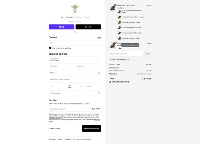 Outlaw Dip checkout page showing Outlaw Dip discount code box | Screenshot taken by SimplyCodes community member on Sep 8, 2025