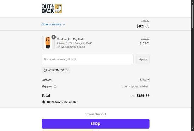 Out&Back Outdoor checkout page showing Out&Back Outdoor promo code box | Screenshot taken by SimplyCodes community member on Sep 8, 2025