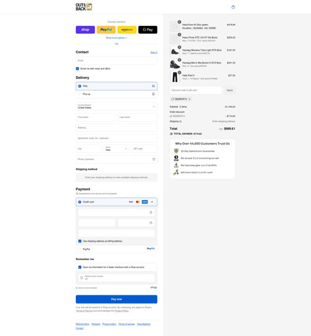 Out&Back Outdoor checkout page showing Out&Back Outdoor promo code box | Screenshot taken by SimplyCodes community member on Sep 12, 2025
