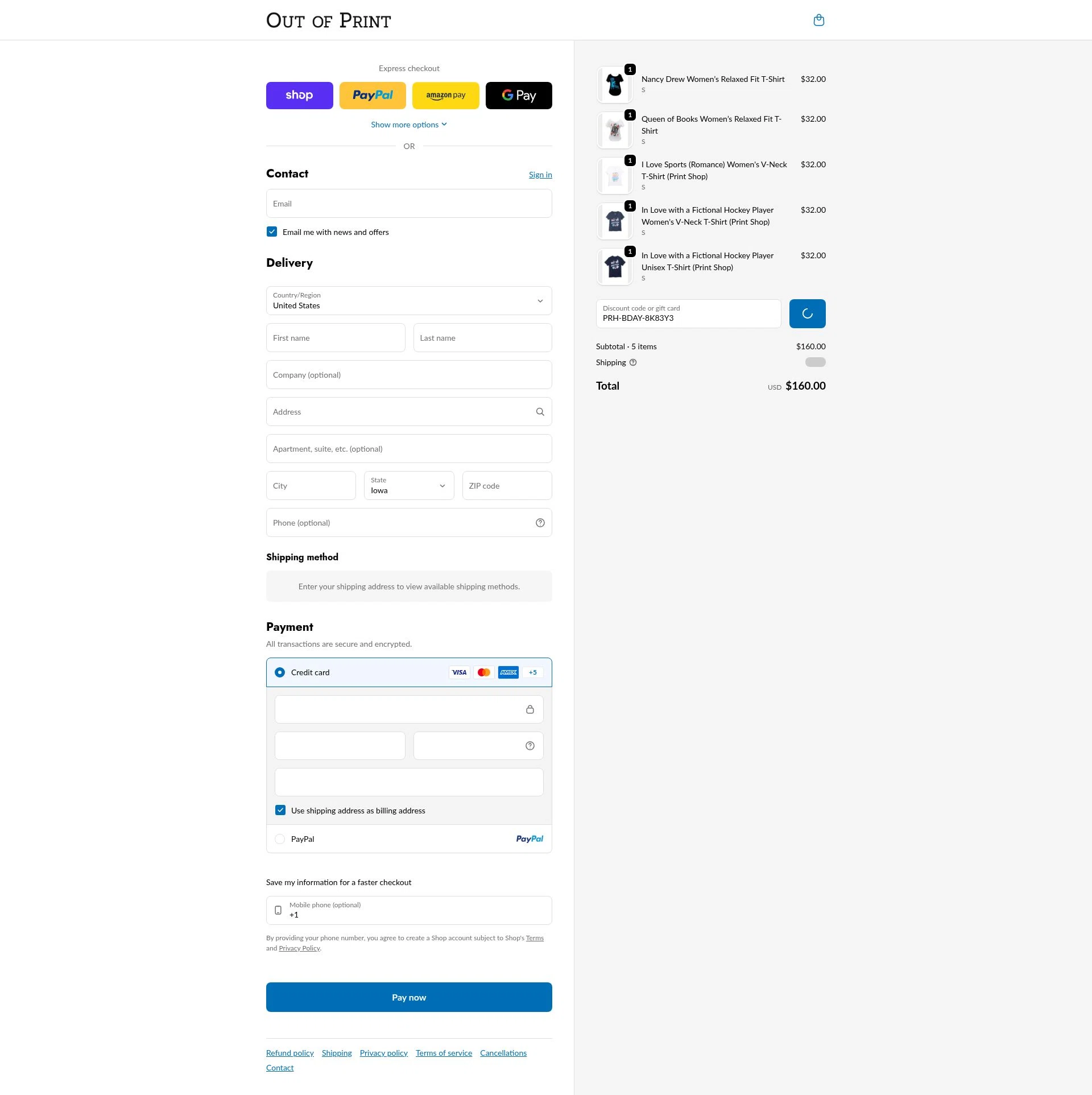 Out Of Print checkout page showing Out Of Print coupon code box | Screenshot taken by SimplyCodes community member on Feb 16, 2026