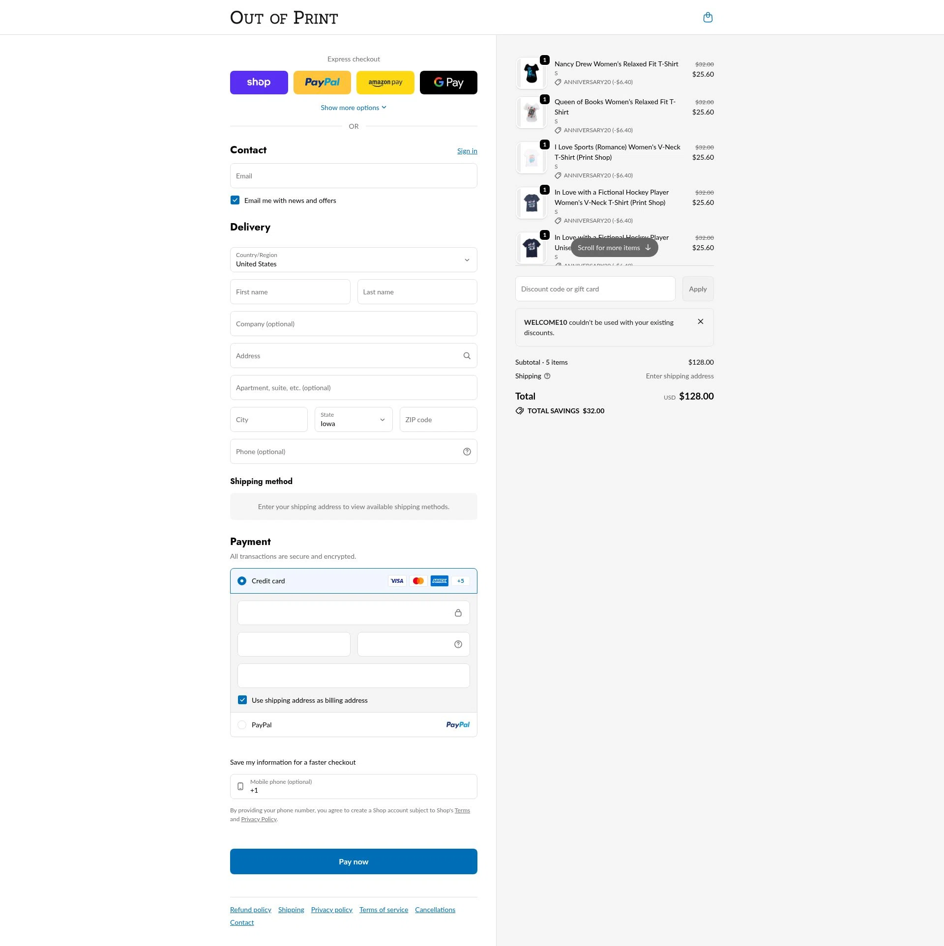 Out Of Print checkout page showing Out Of Print coupon code box | Screenshot taken by SimplyCodes community member on Feb 10, 2026