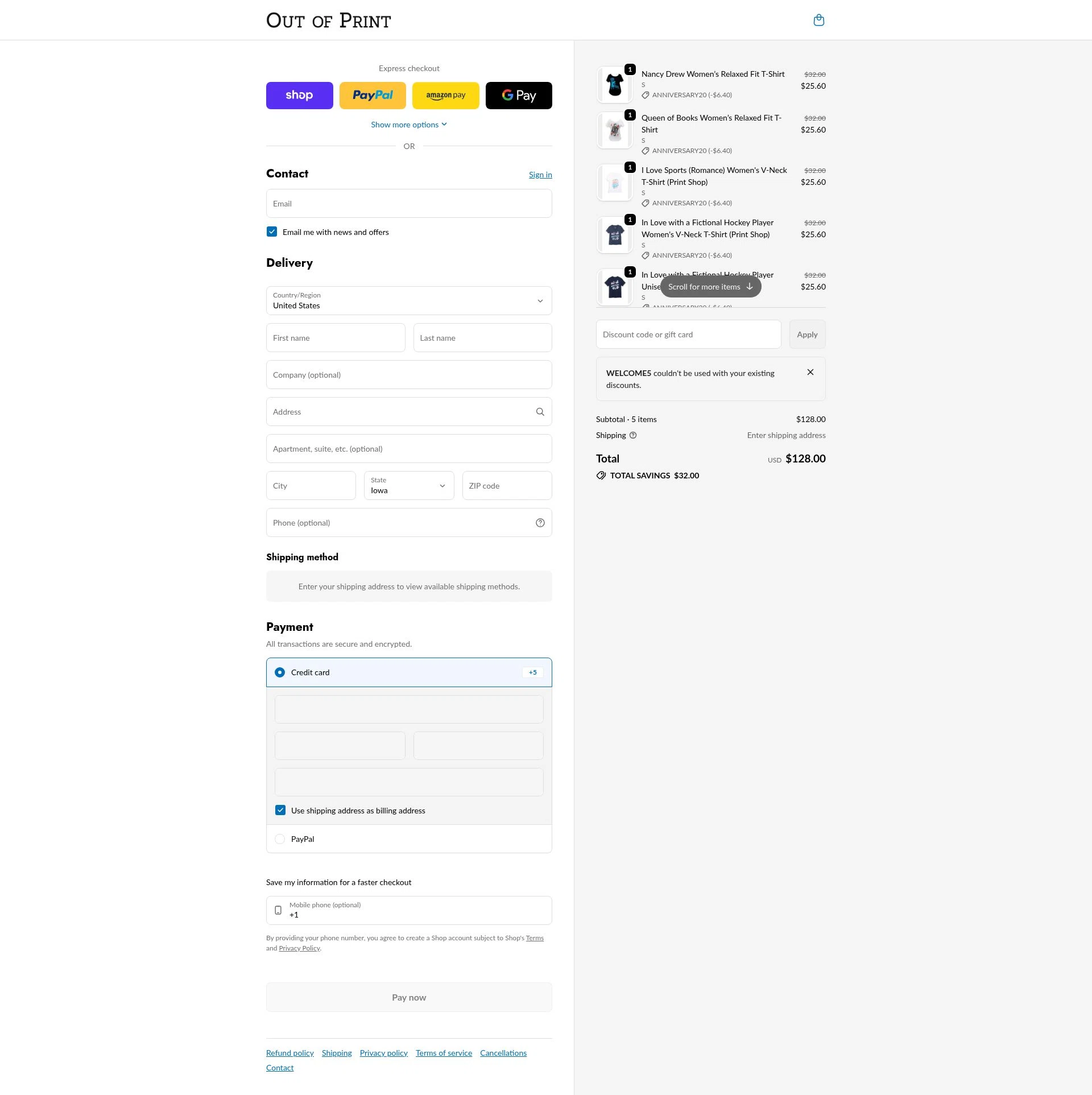 Out Of Print checkout page showing Out Of Print coupon code box | Screenshot taken by SimplyCodes community member on Feb 7, 2026