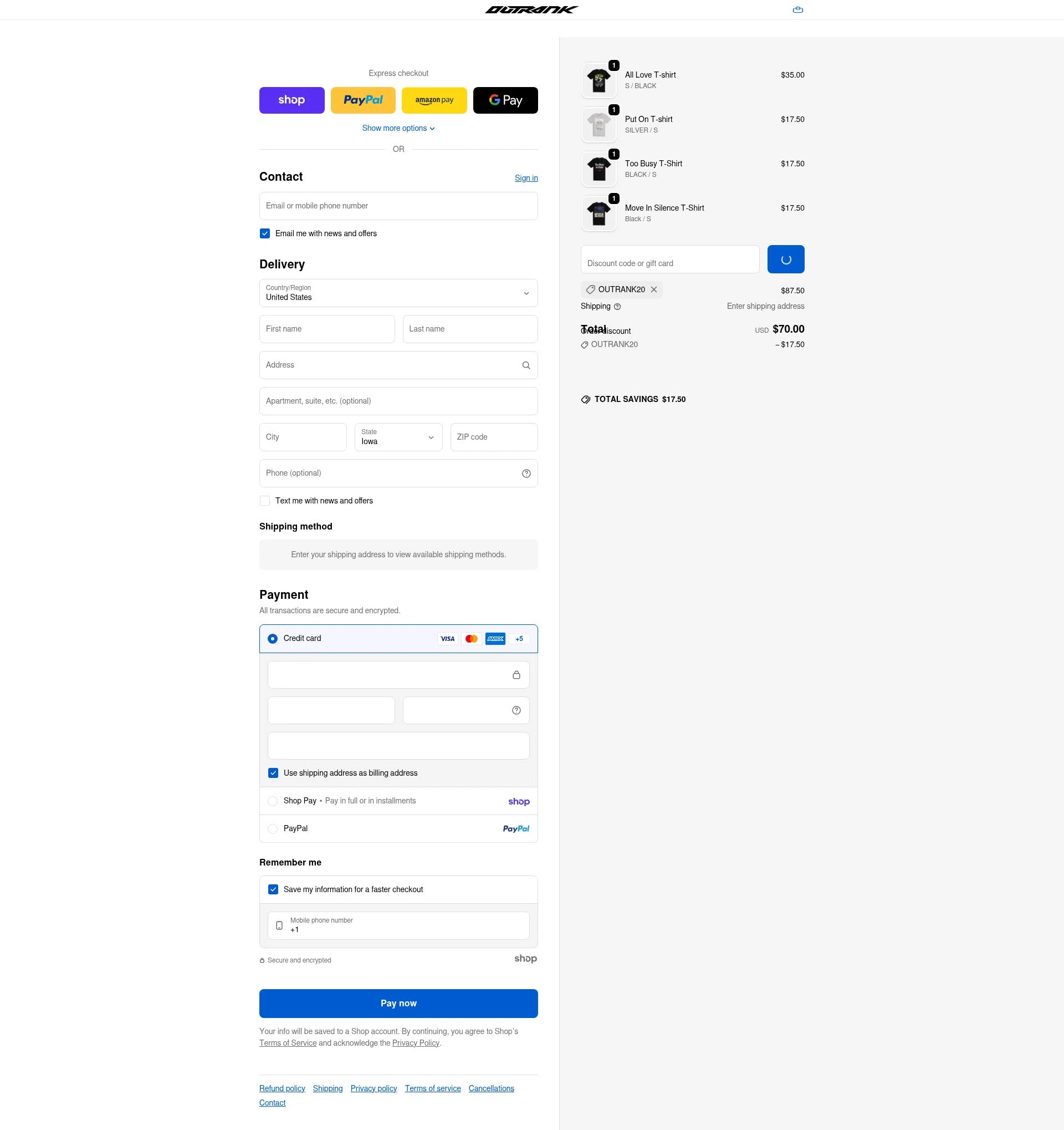 Outrank Brand checkout page showing Outrank Brand discount code box | Screenshot taken by SimplyCodes community member on Jan 27, 2026