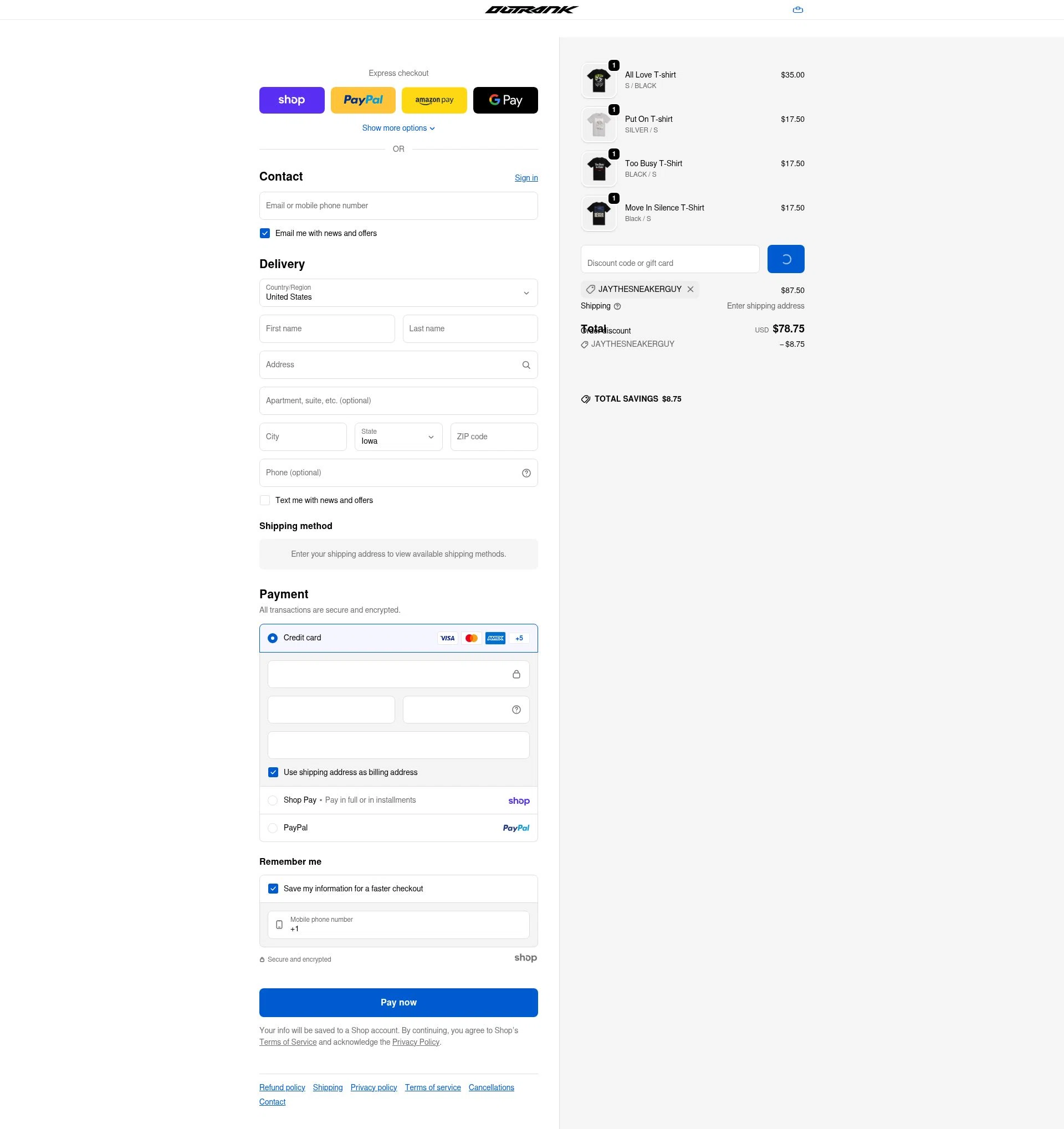 Outrank Brand checkout page showing Outrank Brand discount code box | Screenshot taken by SimplyCodes community member on Jan 27, 2026