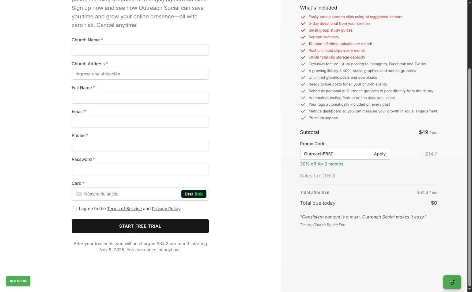 Outreach.com checkout page showing Outreach.com promo code box | Screenshot taken by SimplyCodes community member on Oct 29, 2025