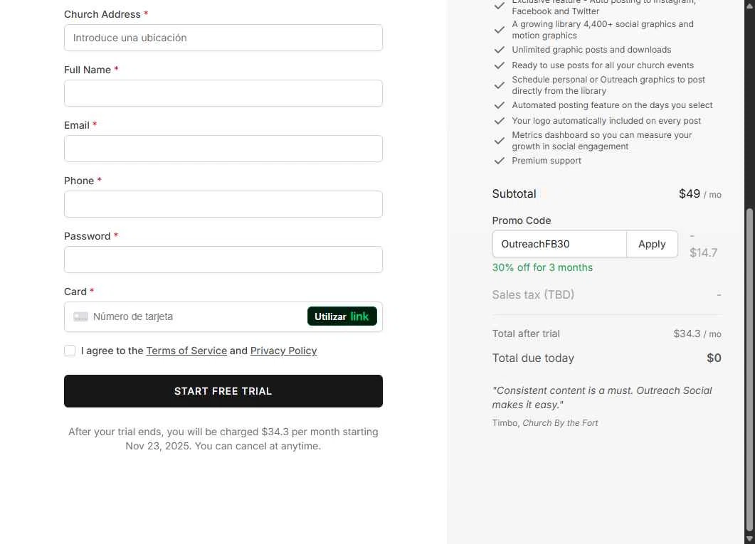 Outreach.com checkout page showing Outreach.com promo code box | Screenshot taken by SimplyCodes community member on Nov 16, 2025