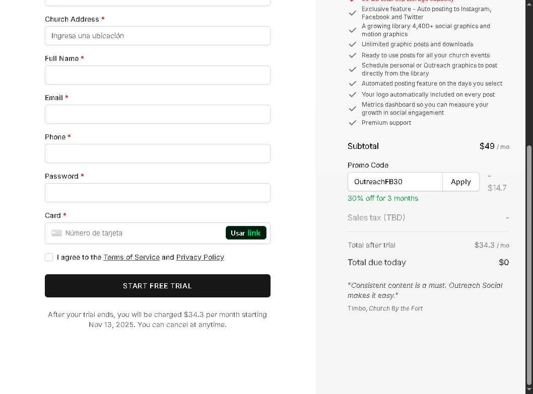 Outreach.com checkout page showing Outreach.com promo code box | Screenshot taken by SimplyCodes community member on Nov 6, 2025