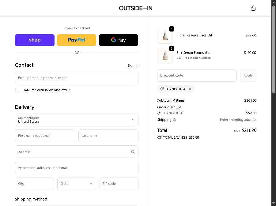 Outside In checkout page showing Outside In discount code box | Screenshot taken by SimplyCodes community member on Dec 3, 2025