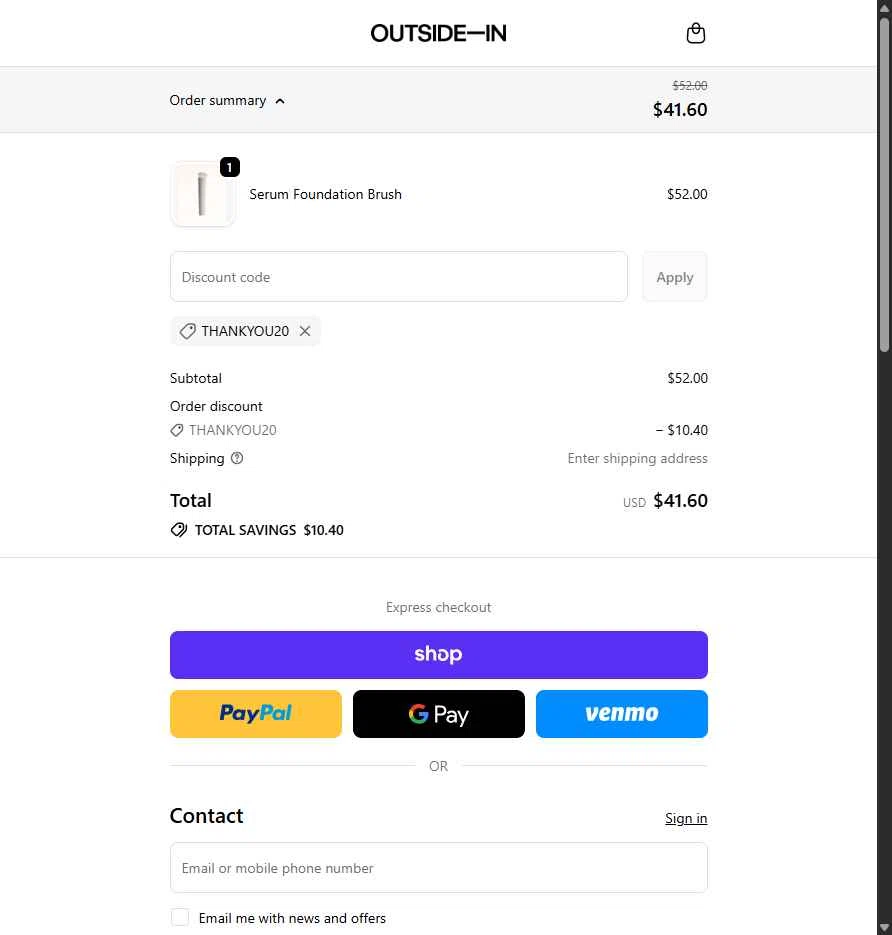 Outside In checkout page showing Outside In discount code box | Screenshot taken by SimplyCodes community member on Jan 8, 2026