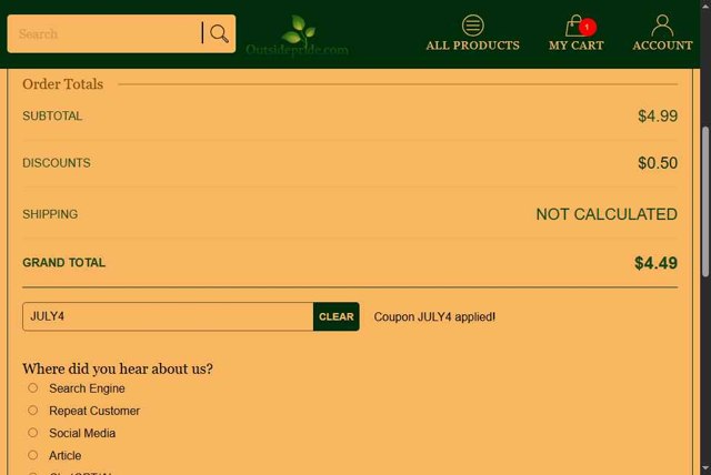 Outsidepride checkout page showing Outsidepride coupon code box | Screenshot taken by SimplyCodes community member on Aug 2, 2025
