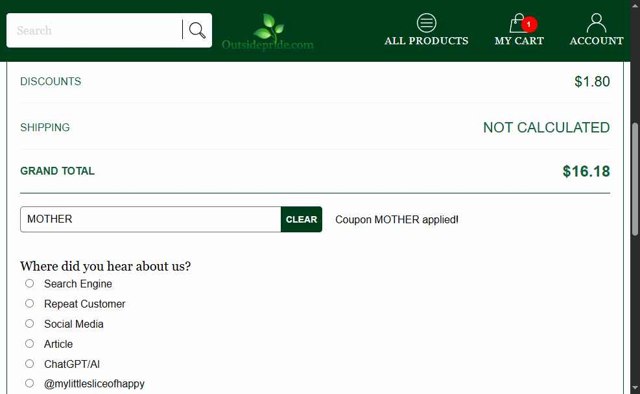 Outsidepride checkout page showing Outsidepride coupon code box | Screenshot taken by SimplyCodes community member on Jul 19, 2025