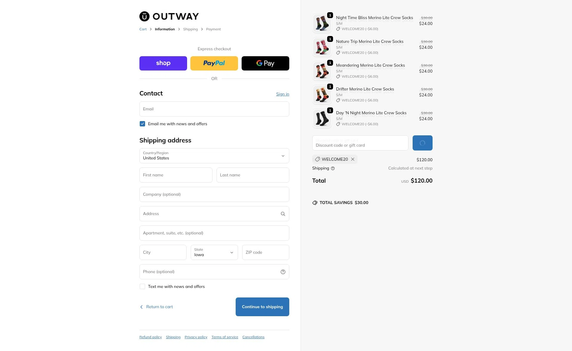 OUTWAY checkout page showing OUTWAY discount code box | Screenshot taken by SimplyCodes community member on Feb 20, 2026