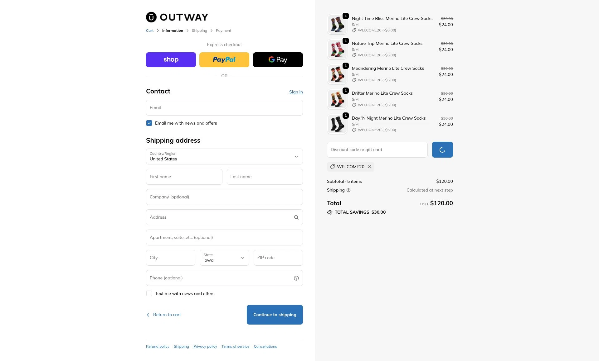 OUTWAY checkout page showing OUTWAY discount code box | Screenshot taken by SimplyCodes community member on Feb 13, 2026