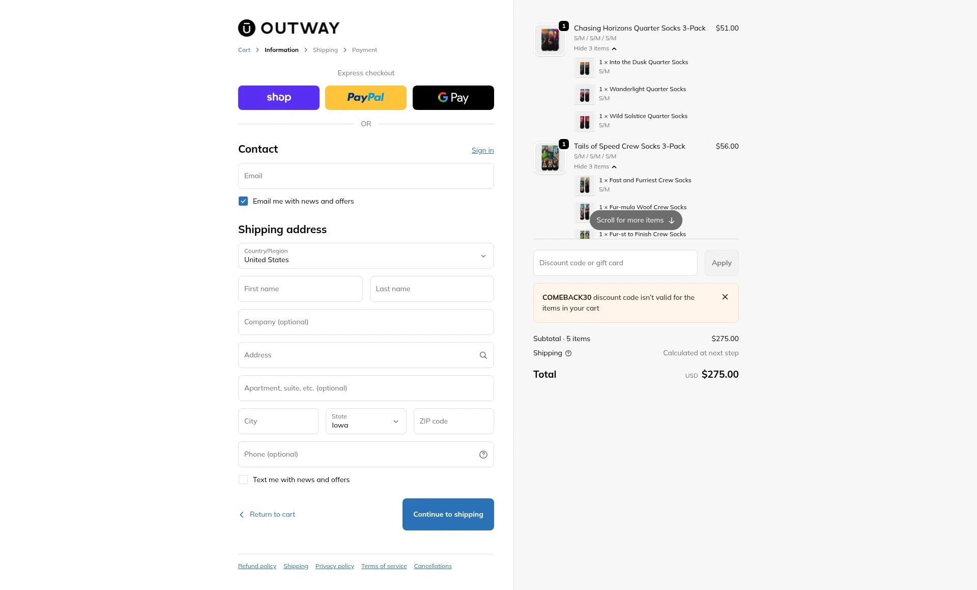 OUTWAY checkout page showing OUTWAY discount code box | Screenshot taken by SimplyCodes community member on Feb 8, 2026