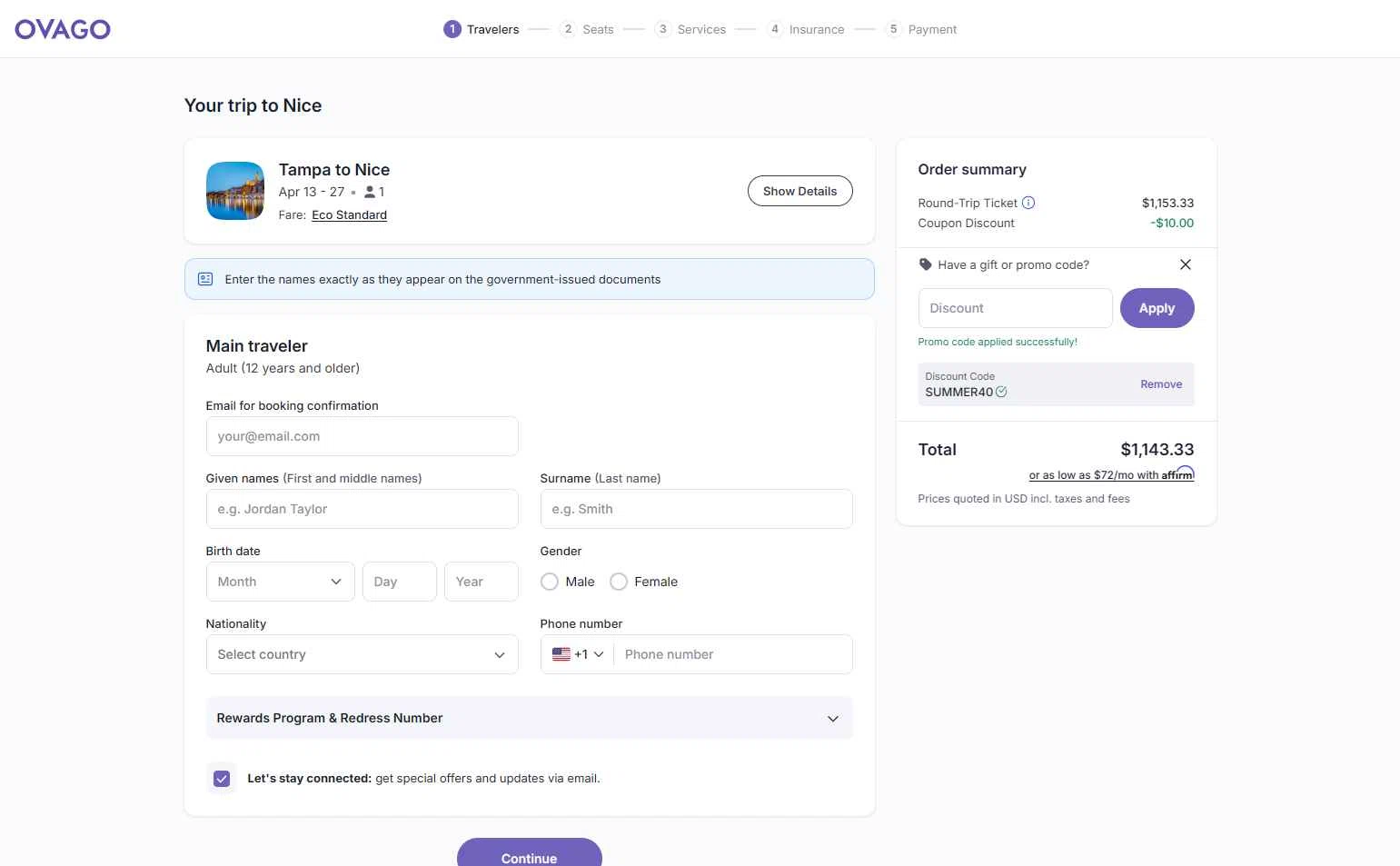 Ovago checkout page showing Ovago promo code box | Screenshot taken by SimplyCodes community member on Feb 12, 2026