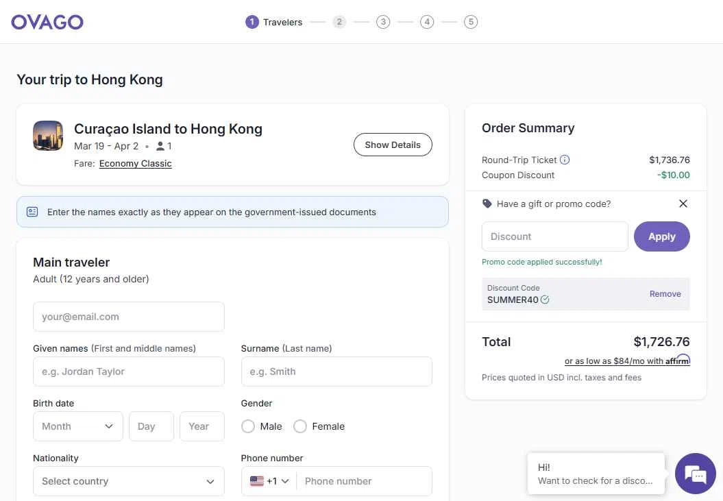 Ovago checkout page showing Ovago promo code box | Screenshot taken by SimplyCodes community member on Jan 18, 2026