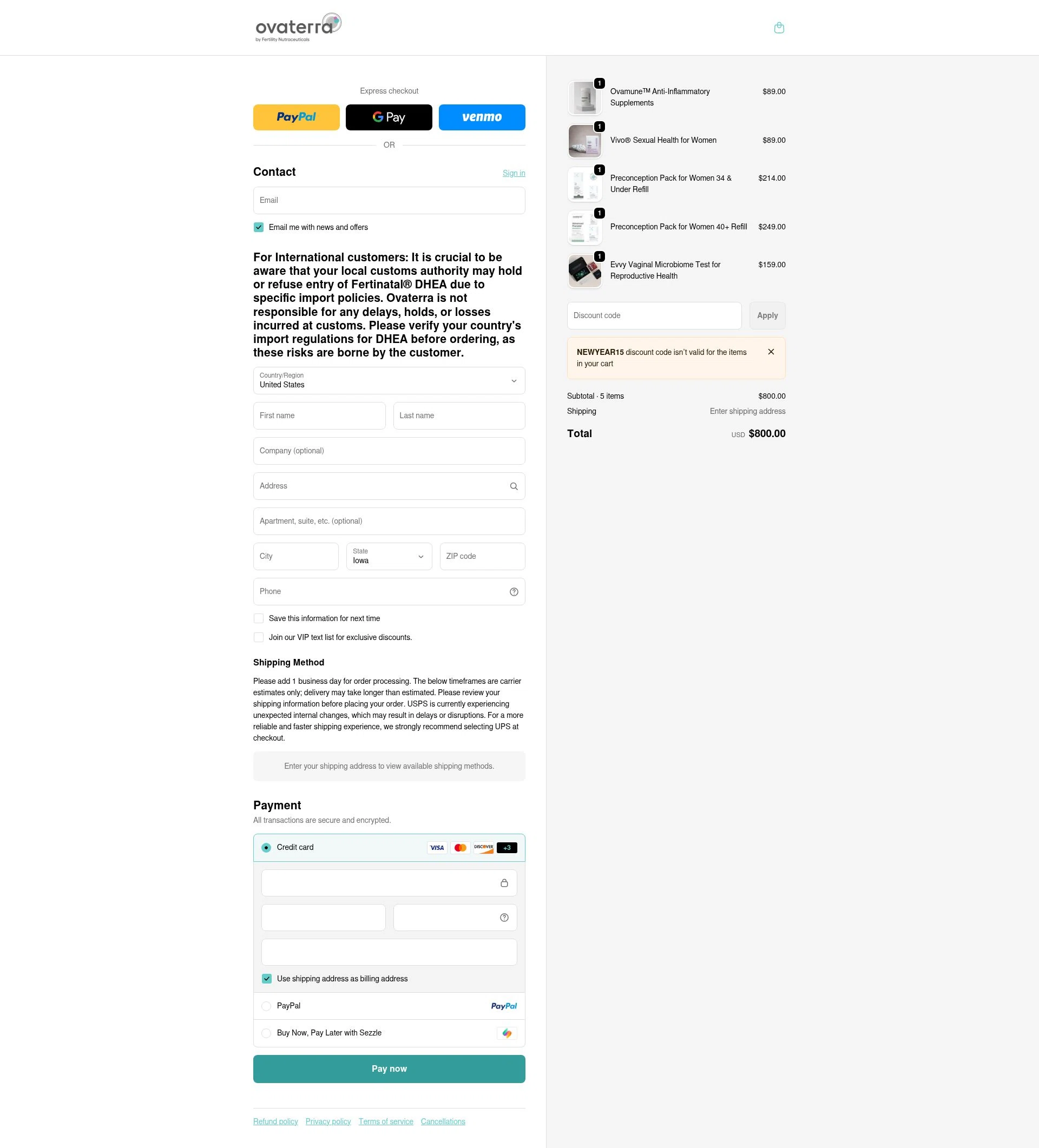 Ovaterra checkout page showing Ovaterra discount code box | Screenshot taken by SimplyCodes community member on Jan 7, 2026