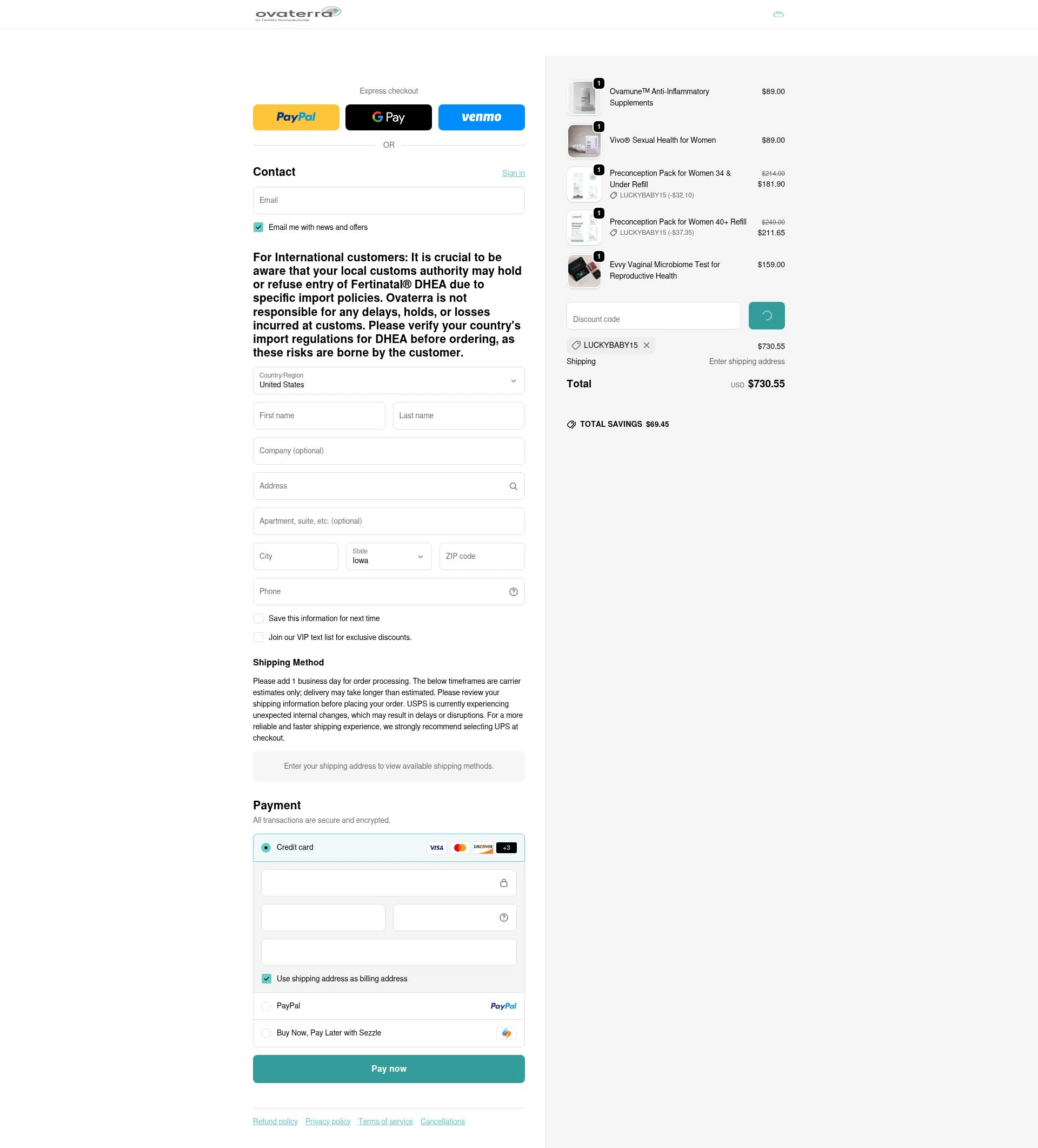 Ovaterra checkout page showing Ovaterra discount code box | Screenshot taken by SimplyCodes community member on Jan 7, 2026