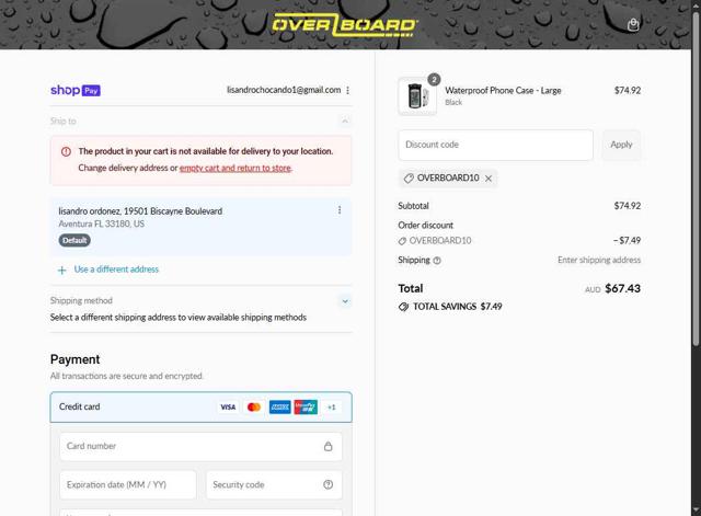 OverBoard checkout page showing OverBoard promo code box | Screenshot taken by SimplyCodes community member on Aug 5, 2025