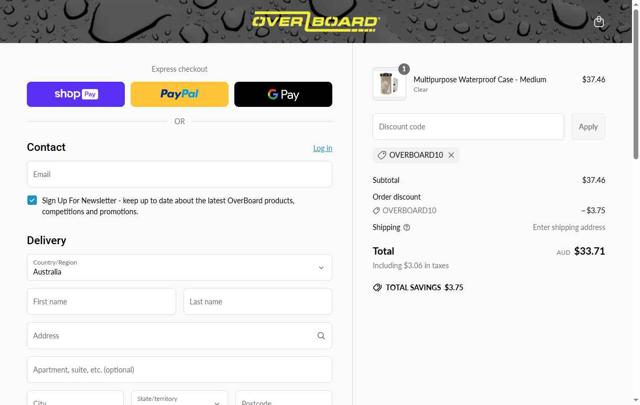 OverBoard checkout page showing OverBoard promo code box | Screenshot taken by SimplyCodes community member on Jun 9, 2025