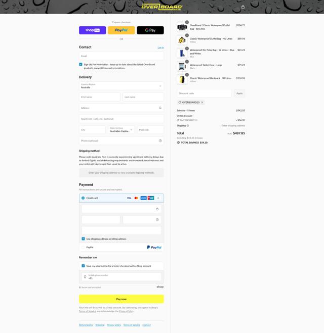OverBoard checkout page showing OverBoard promo code box | Screenshot taken by SimplyCodes community member on Aug 5, 2025