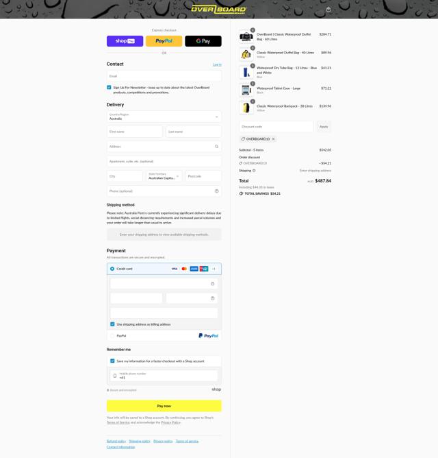 OverBoard checkout page showing OverBoard promo code box | Screenshot taken by SimplyCodes community member on Jul 22, 2025