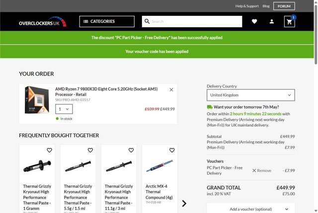 Overclockers UK checkout page showing Overclockers UK discount code box | Screenshot taken by SimplyCodes community member on May 6, 2025
