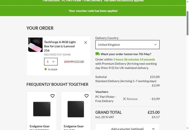 Overclockers UK checkout page showing Overclockers UK discount code box | Screenshot taken by SimplyCodes community member on May 6, 2025