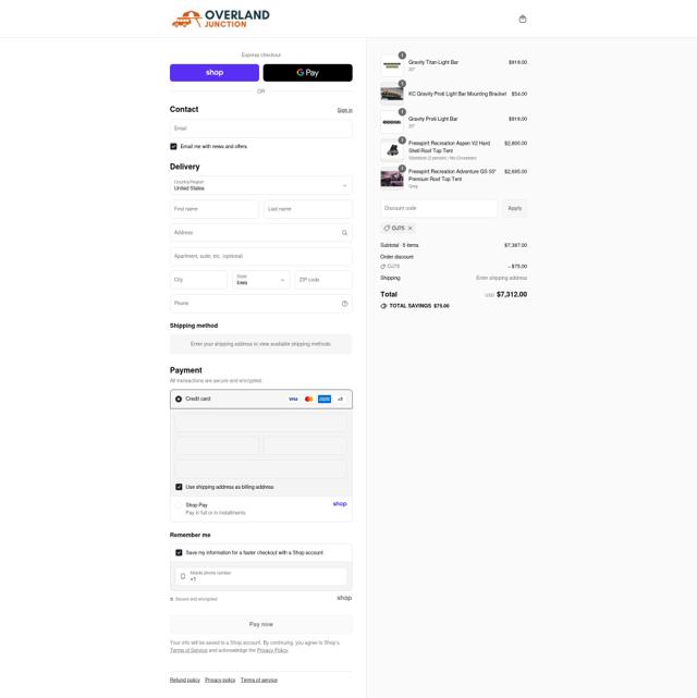 Overland Junction checkout page showing Overland Junction promo code box | Screenshot taken by SimplyCodes community member on Sep 11, 2025
