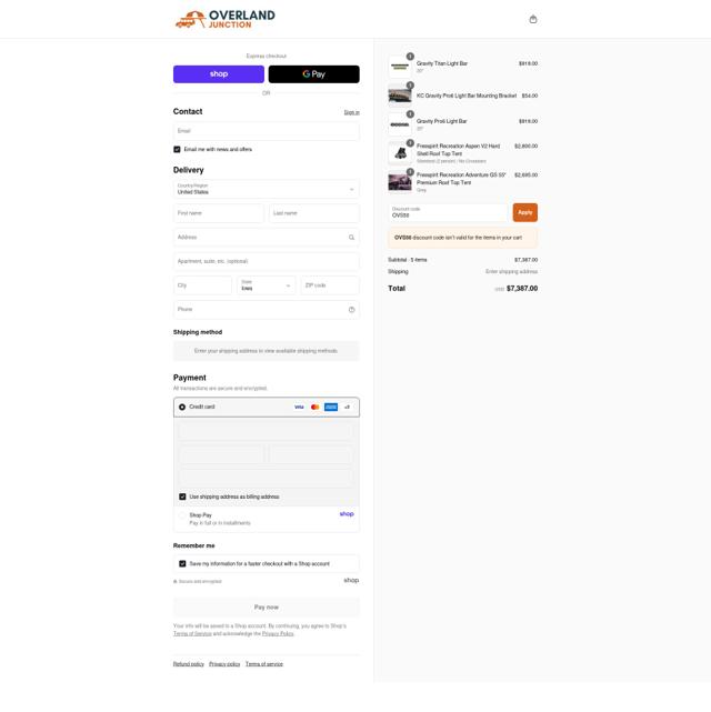 Overland Junction checkout page showing Overland Junction promo code box | Screenshot taken by SimplyCodes community member on Sep 16, 2025