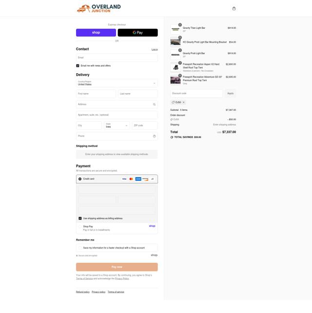 Overland Junction checkout page showing Overland Junction promo code box | Screenshot taken by SimplyCodes community member on Sep 8, 2025