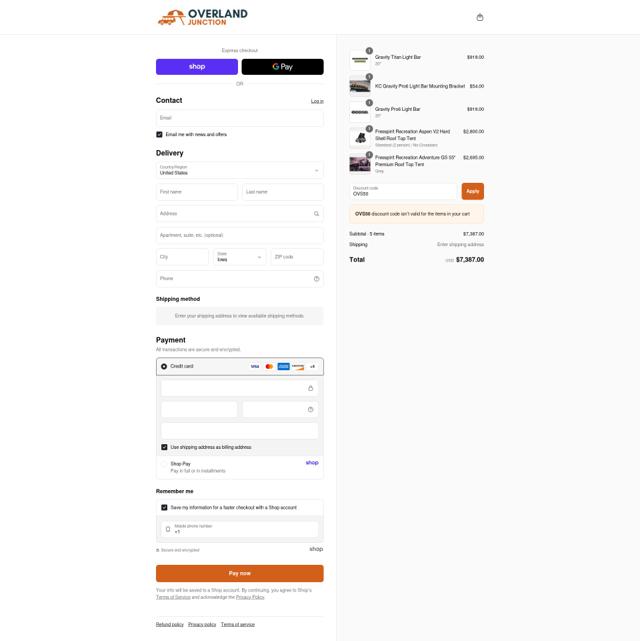 Overland Junction checkout page showing Overland Junction promo code box | Screenshot taken by SimplyCodes community member on Sep 8, 2025