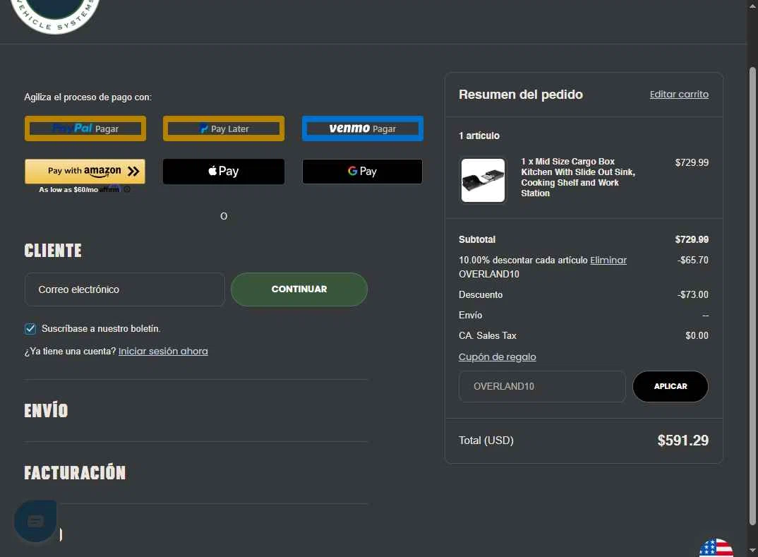Overland Vehicle Systems checkout page showing Overland Vehicle Systems coupon code box | Screenshot taken by SimplyCodes community member on Oct 29, 2025