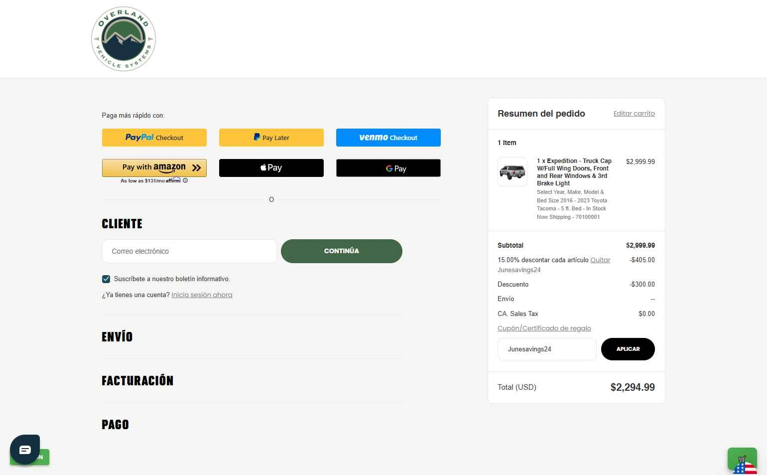 Overland Vehicle Systems checkout page showing Overland Vehicle Systems coupon code box | Screenshot taken by SimplyCodes community member on Oct 9, 2025