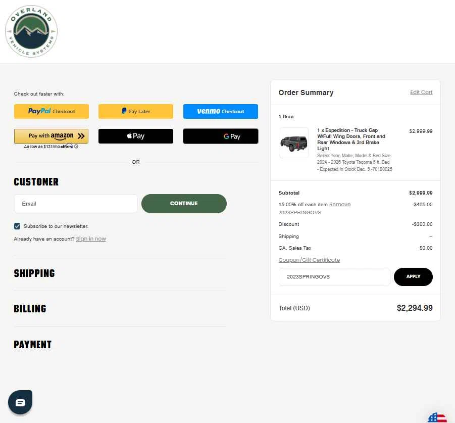 Overland Vehicle Systems checkout page showing Overland Vehicle Systems coupon code box | Screenshot taken by SimplyCodes community member on Oct 9, 2025