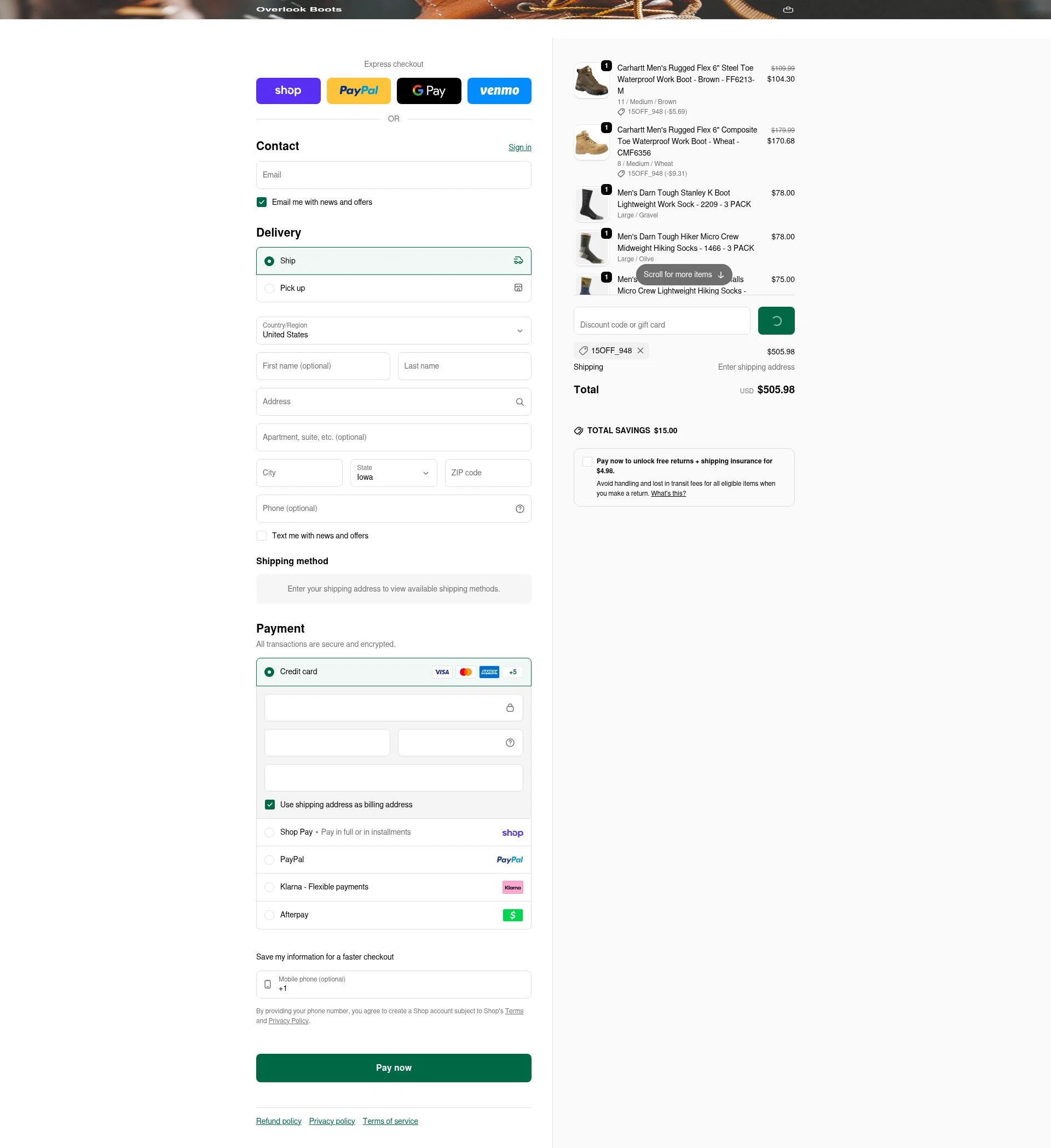Overlook Boots checkout page showing Overlook Boots discount code box | Screenshot taken by SimplyCodes community member on Feb 19, 2026