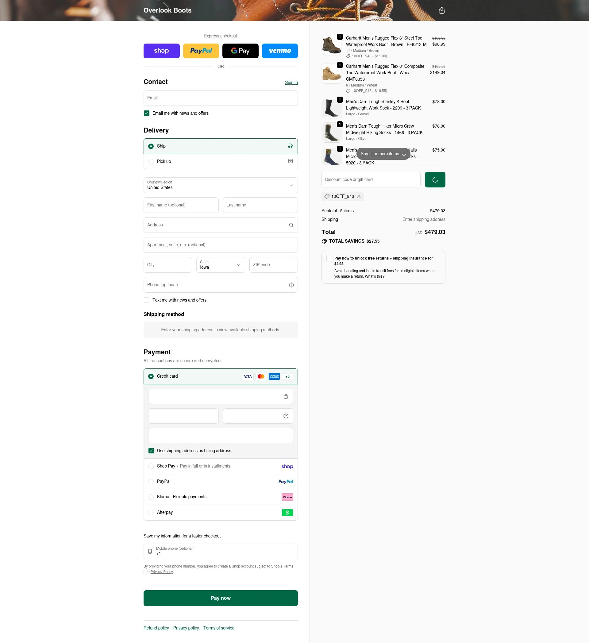 Overlook Boots checkout page showing Overlook Boots discount code box | Screenshot taken by SimplyCodes community member on Feb 15, 2026