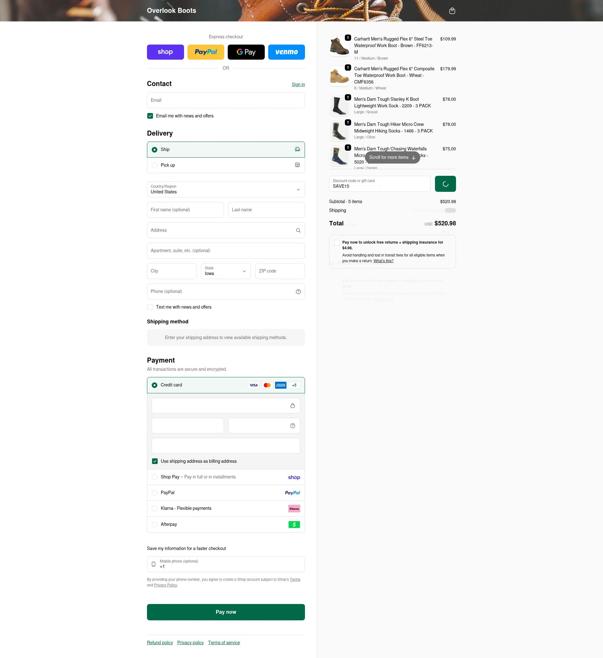 Overlook Boots checkout page showing Overlook Boots discount code box | Screenshot taken by SimplyCodes community member on Feb 19, 2026