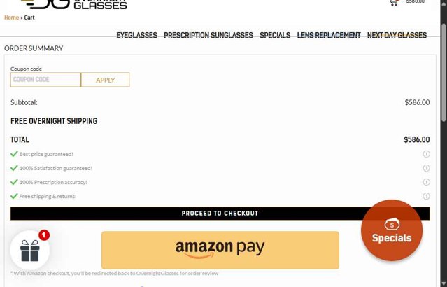 Overnight Glasses checkout page showing Overnight Glasses coupon code box | Screenshot taken by SimplyCodes community member on Sep 1, 2025