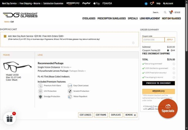 Overnight Glasses checkout page showing Overnight Glasses coupon code box | Screenshot taken by SimplyCodes community member on Sep 1, 2025