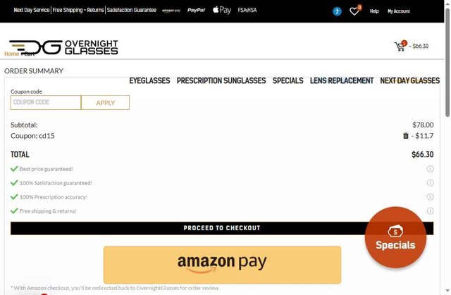 Overnight Glasses checkout page showing Overnight Glasses coupon code box | Screenshot taken by SimplyCodes community member on Sep 1, 2025