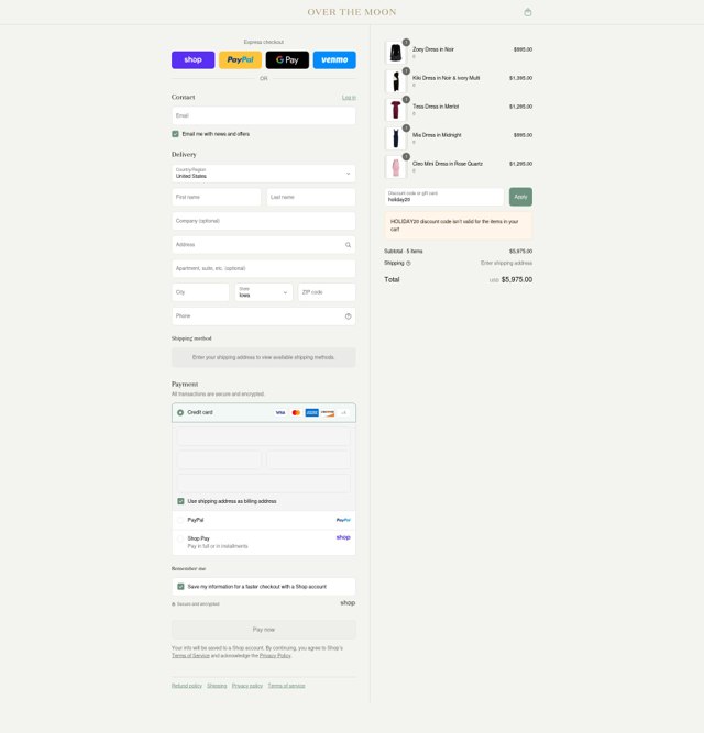 Over The Moon checkout page showing Over The Moon discount code box | Screenshot taken by SimplyCodes community member on Aug 31, 2025