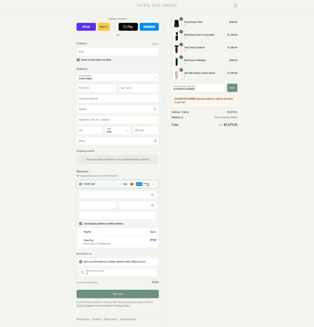 Over The Moon checkout page showing Over The Moon discount code box | Screenshot taken by SimplyCodes community member on Aug 31, 2025