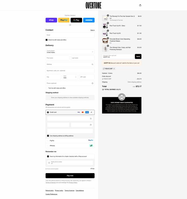 Overtone checkout page showing Overtone coupon code box | Screenshot taken by SimplyCodes community member on Sep 10, 2025