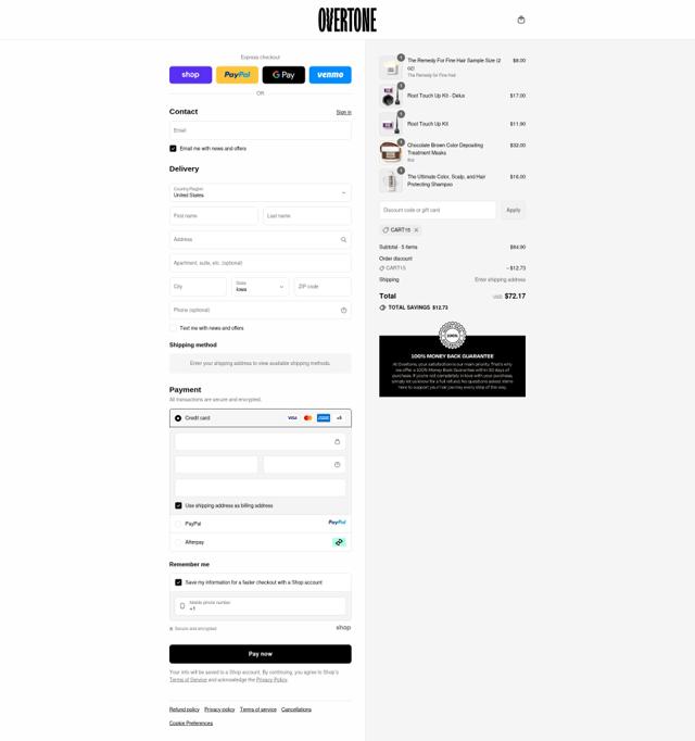 Overtone checkout page showing Overtone coupon code box | Screenshot taken by SimplyCodes community member on Sep 10, 2025