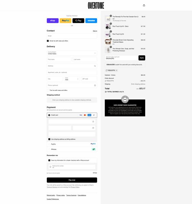Overtone checkout page showing Overtone coupon code box | Screenshot taken by SimplyCodes community member on Sep 10, 2025
