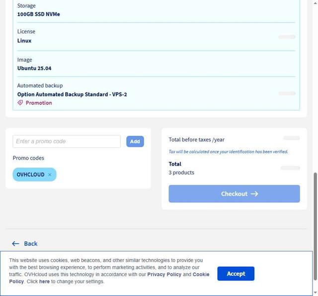OVHcloud US checkout page showing OVHcloud US promo code box | Screenshot taken by SimplyCodes community member on Sep 12, 2025