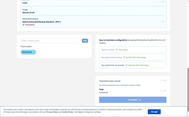 OVHcloud US checkout page showing OVHcloud US promo code box | Screenshot taken by SimplyCodes community member on Sep 8, 2025