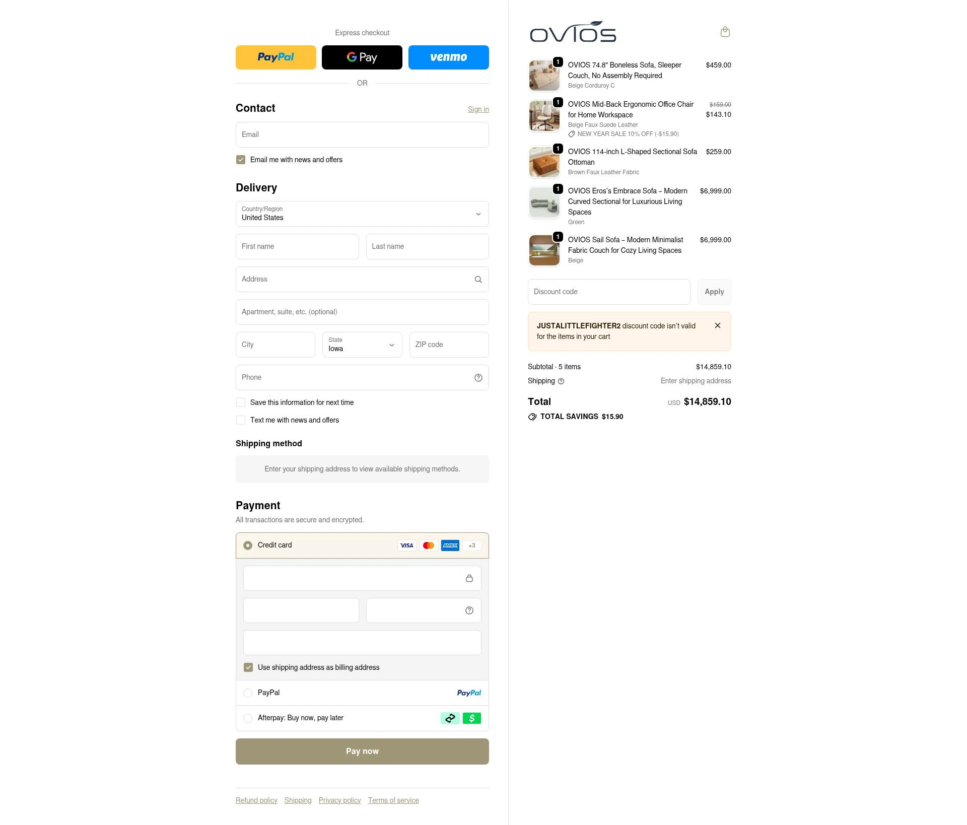 Ovios Furniture checkout page showing Ovios Furniture discount code box | Screenshot taken by SimplyCodes community member on Jan 7, 2026